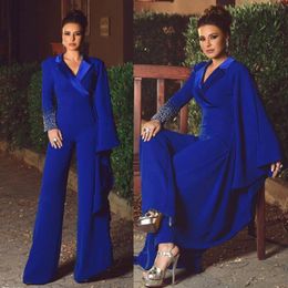 New Fashion Sapphire Blue Evening Dresses Rhinestone Pearls Prom Dress Long Sleeve Pants V Neck Special Occasion Dresses 219s