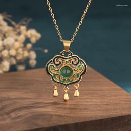 Pendant Necklaces Lock Of Good Wishes For Women National Fashion Retro Enamel Ancient Inlaid Natural Chalcedony Tassel Necklace