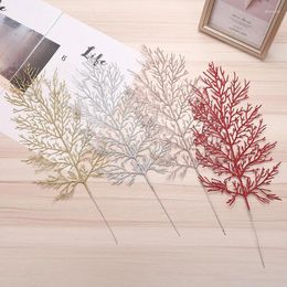 Decorative Flowers Christmas Picks Leaves Glitter Artificial Leaf Tree Spray Pine Pick Stems Branches Needle Gold Decorations Wreath Diy