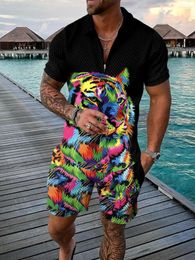 Men's Tracksuits 3D Print Hawaii Men Polo Shirts Set Zipper Lapel Sets Collar Shorts 2pcs Holiday Style Clothes