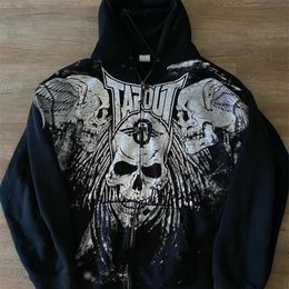 Streetwear Hoodie Zipper Y2K Sweatshirt Mens Hip Hop Letter Retro Skull Graphic Print Oversized Hoodie Jacket Clothes 240429