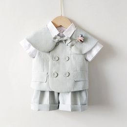 Boy Girls Outfit Children Kids Linen Vest Boys Gentleman Clothing Set Toddler 1 2 3 4 Birthday Suits Spring Summer 240509