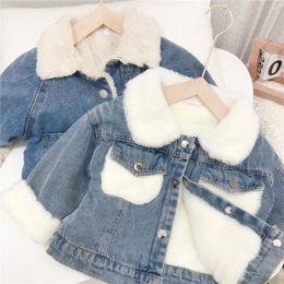 Jackets Kids Fashion Girls Boys Autumn Winter Casual Thick Warm Fur Collar Denim Coats Lining Plush Children Clothing