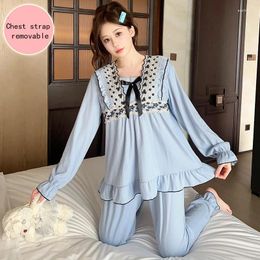 Home Clothing Lace Edge Pure Cotton Jacquard Pyjamas For Women In Spring And Autumn 2024 Sweet With Chest Pads Plus Size 2-piece Outfit