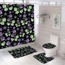 Shower Curtains Green Plant Flower Curtain Set Non-Slip Rug Toilet Lid Cover Bath Mat Polyester Fabric Boho Floral Leaf Bathroom