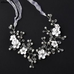 Pretty White Handmade Flowers Wedding Headpieces For Bride Fashion Rhinestones Beaded Hairdress Headband Women Prom Ceremony Wedding Ha 2893