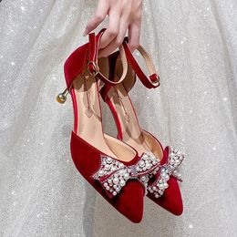 Dress Shoes Elegant Pearl Butterfly Wedding Lady 2024 Crystal Ankle Strap Stiletto Red High-heeled Pointed