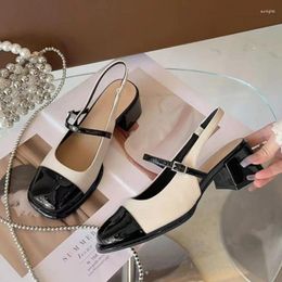 Dress Shoes Patent Leather Mary Jane Women Retro Chunky Heels One Strap Sandals 2024 Spring Round Toe Slingback