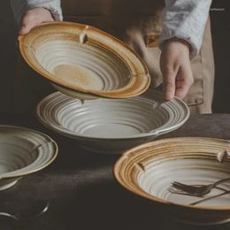 Plates Japanese Thread Folded Edge Ceramic Deep Plate Soup Pottery Noodle Fruit Vegetable Salad Tablewear For Household