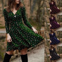 Casual Dresses Retro Floral Print Women Dress Long Sleeve V Neck Elegant Female Robe Spring Summer Ladies Slim Vintage Short