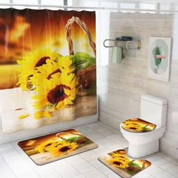 Shower Curtains 1Set PVC Sunflower Bathroom Products Pedestal Rug Lid Toilet Cover Bath Mat Set Curtain 12x Hooks Home Deco