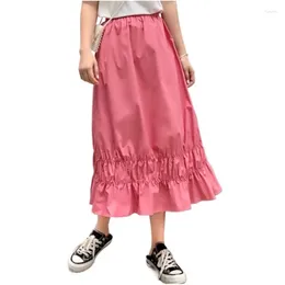 Skirts 2024 Korean Elegant High Waist Long Cotton Linen Skirt Pleated Sweet Maxi Pink Yellow Purple Blue Plus Size Spring