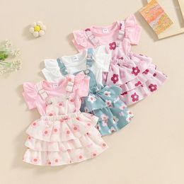 Clothing Sets Baby Girls Spring Outfits Short Sleeve Romper Floral Suspender Skirt Headband Set Born 3 Piece Clothes 0-18 Months