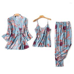 Home Clothing VOLALO Silk Pyjama Set Women 3 Piece Sleep Lounge Fashion Spaghetti Strap Satin Sleepwear Print Long Sleeve Night Suit