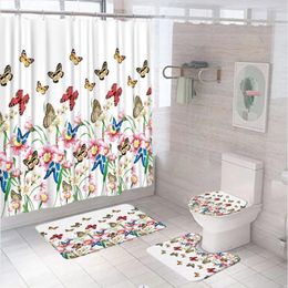 Shower Curtains Colourful Butterfly Curtain Sets Spring Graden Pink Floral Bathroom Decor Non-Slip Toilet Lid Cover Rug Bath Mat