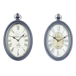 Wall Clocks Vintage Metal Clock Set Of 2 Distressed Black Frame Roman Numerals Oval Shape 8x2.5x15 Inches Silent Mechanism Indoor Use