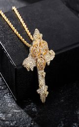 Bling Diamond Stone Rose Flower Cross Pendants Necklace Jewellery Real 14K Gold Plated Lover Gift Couple Religious Jewellery Valentine2970066