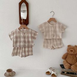 Clothing Sets Baby Clothes Suit 2Pcs Summer Plaid Toddler Girl Outfits Set Single Breast Tee And Shorts Boys Tracksuit