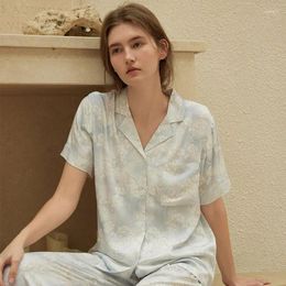 Home Clothing 2024 Summer Cotton Viscose Sky Blue Colour Flower Printing Pyjamas Women Cardigan Elegant Short Sleeve Pants Pyjamas Set