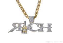 Hip Hop New Rich Bottle Pendant Necklace Lab Diamond Gold Colour Bottle Personality Pendant Copper Metal Chain Iced Out2681813