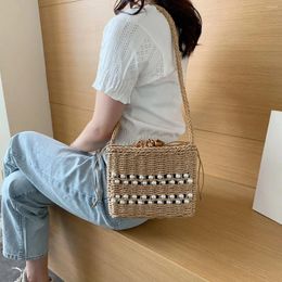 Shoulder Bags 2024 Summer Handmade Straw Bag Women Bohemian Woven Handbag Hollow Beach Female Square Knitted Pearl