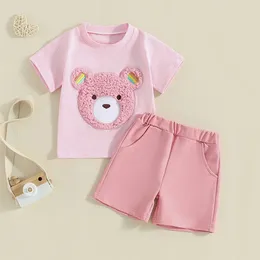 Clothing Sets Baby Girl Summer Cute Outfits Fuzzy Bear Embroidery Short Sleeve T-shirt Tops Shorts Set Toddler 2Pcs Clothes 0-3Years