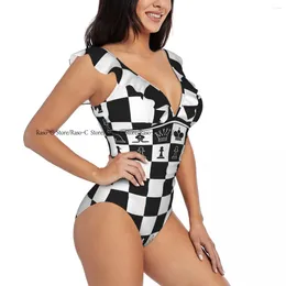 Women's Swimwear Sexy One Piece Swimsuit Push Up Black And White Chess Board Women Ruffle Monokini Bodysuit Bathing Suit