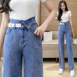 Women's Jeans Vintage Blue Straight Women Wide Leg Denim Pants With Belt Long Trousers High Waist Elastic Pockets Zipper Female