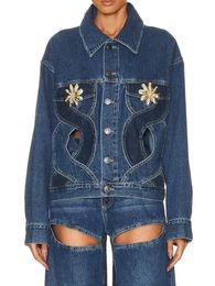 Aililou Autumn WomenS Casual Denim Jacket Loose Lapel Hollowed Out Single Row Button Solid Color Short 240423