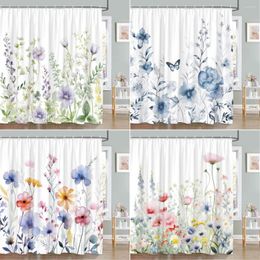 Shower Curtains Watercolour Floral Curtain Butterfly Farm Wildflowers Botanical Greens Modern Polyester Fabric Bathroom Decorative