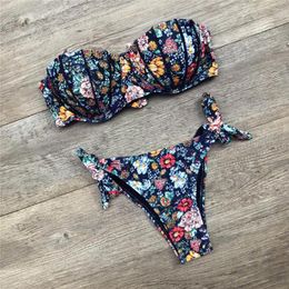 Women's Swimwear Bandeau Bikini Sets For Womens Sexy Floral Printed 2 Piece Swimsuit High Cut Brazilian 2024 Summer Beach Bathing Suit