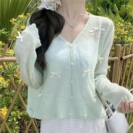 Women's Knits Sweet Bow Knit Cardigan Women Korean Single-Breasted Ice Silk Sunscreen Tops Woman Summer Sheer Thin Long Sleeve Coat K177