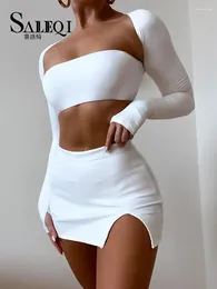 Work Dresses Saleqi Sexy Dress Set Women White Square Collar Full Sleeve Crop Top And Mini Skirt Matching Sets Ladies Party Two Piece