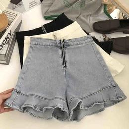 Women's Jeans 2024 Summer Women Jean Short Pants Korea Style A-LINE High Waist Ruffled Edge Loose Soft Fashion Design For Girls