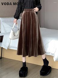 Skirts 2024 Winter Autumn Korean Elegant A Line High Waist Midi Long Skirt Female Retro Casual Solid Mid-length Velvet Women