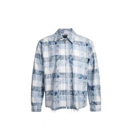 Men's Jackets RTIM mottled blue checkered zippered shirt with flannel dyed and torn