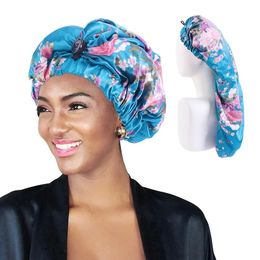 Buckle Adjustment Ladies Satin Long Barrel Print Nightcap Long Hair Shower Cap Beauty Perm Cap