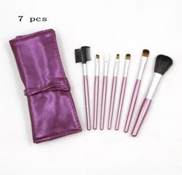 7 pcs Purple Make Up Brushes Leather Bag Silver Pink Gold Brown Black Wooden Makeup Brush3970252