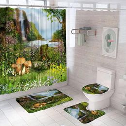 Shower Curtains Fantasy Scenery Waterfall Curtain Set Forest Mushroom Flower Lake Bathroom Non-Slip Bath Mat Rug Lid Toilet Cover