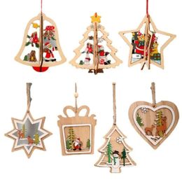 Hollow Laser Tree Decorations Pendant Christmas 3D Wooden Santa Claus Elk Snowman Decorate Jn07