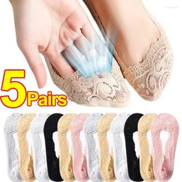 Women Socks 1/5Pairs Boat Summer Slippers Non-slip Breathable Lace Invisible Sock Cool Thin Fashion