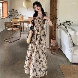 Casual Dresses Summer French Rose Print Lace Dress For Women Autumn Design Sense High Waist Wrapped Chic Strap Long