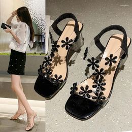 Sandals Women Summer Fashion Women's 2024 Flowers Rhinestone Transparent Root Open Toe Woman Heeled Shoes