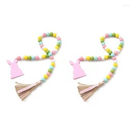 Decorative Figurines Easter Wood Bead Garland Pink Spring Beads With Tassel Wooden Beaded Boho Decor Easy Install