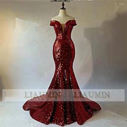 Party Dresses Red Sequin Mermaid Sparkly Off The Shoulder Full Length Evening Dress Gowns Lace Up Back Prom Skirt Women Hand Made W14-1
