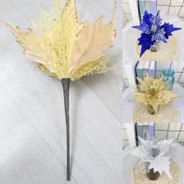 Decorative Flowers Artificial Christmas Flower Realistic Shiny Surface Xmas Ornament Decoration Reusable Glitter Faux