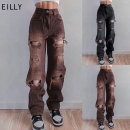 Women's Jeans 2024 Fashion Women Hollow Hole Straight Female Pants High Waist Soft Spring And Autumn Pockets Ladies Trousers