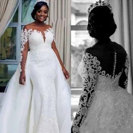 Plus Size Mermaid Wedding Dresses with Detachable Train vestido de novia African Full Lace Applique Long Sleeve Church Wedding Gown 228Y