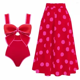 Women's Swimwear Solid Red 2024 Bow Tie One Piece Swimsuit For Women With Skirt Bathing Suit Monokini Beach Bodysuit Wear