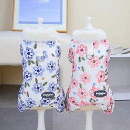 Dog Apparel Blue Pink Colours Flower Printing Overalls For Dogs 2024 Autumn And Winter Pet Clothing Four-Legged Cotton-Padded Clothes